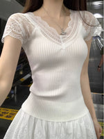 レースVネック 細リブ フィット 見せ肩 半袖Tシャツ