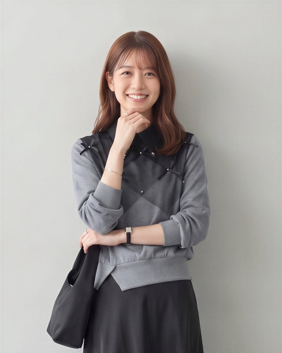 【秋新作】S~XL ダイヤ柄切り替え リボン付き 襟付き フェイクレイヤード スウェット