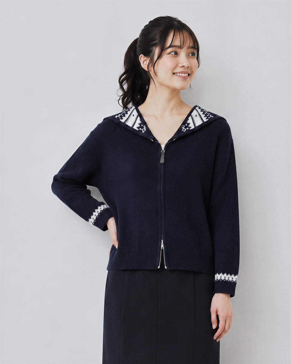 【秋新作】S~2XL フード付きジャカード ダブルジップ カーディガンニット