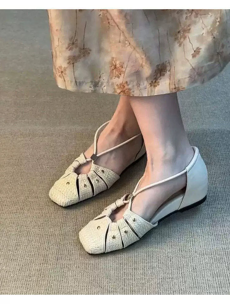 編み込み・メッシュフラットサンダル・つま先カバー