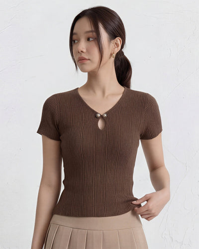 Vネック しずく型カットアウト リブ フィット 半袖ニットTシャツ-ダークブラウン-3XL