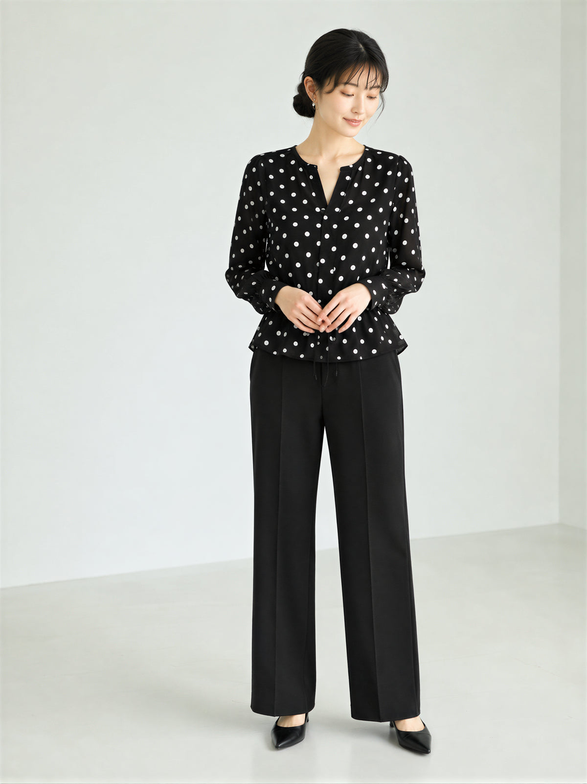 L~4XL ブラックドット ウエストマークブラウス