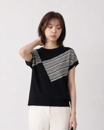斜め切り替え幾何学ストライプ 肩落ち半袖Tシャツ