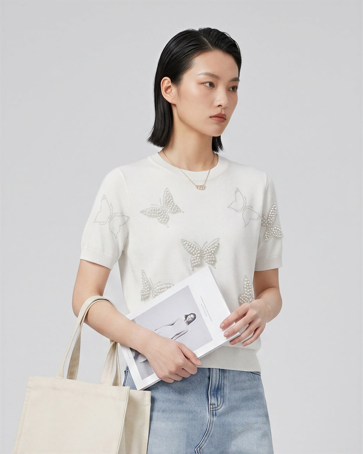 パール蝶モチーフ付き クルーネック半袖ニット-ホワイト-2XL