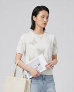 パール蝶モチーフ付き クルーネック半袖ニット-ホワイト-2XL