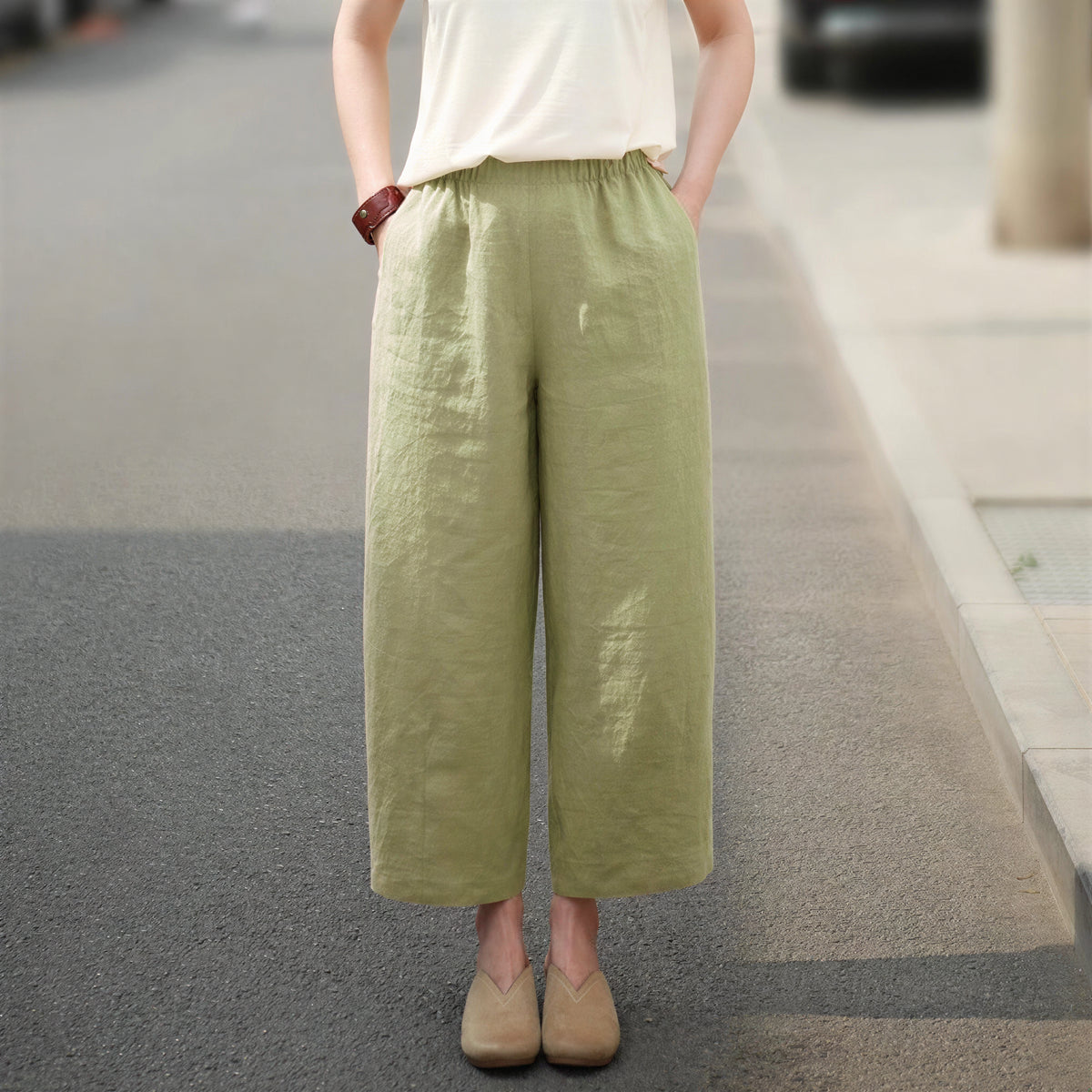ゆったりストレートハイウエストパンツ-グリーン-4XL