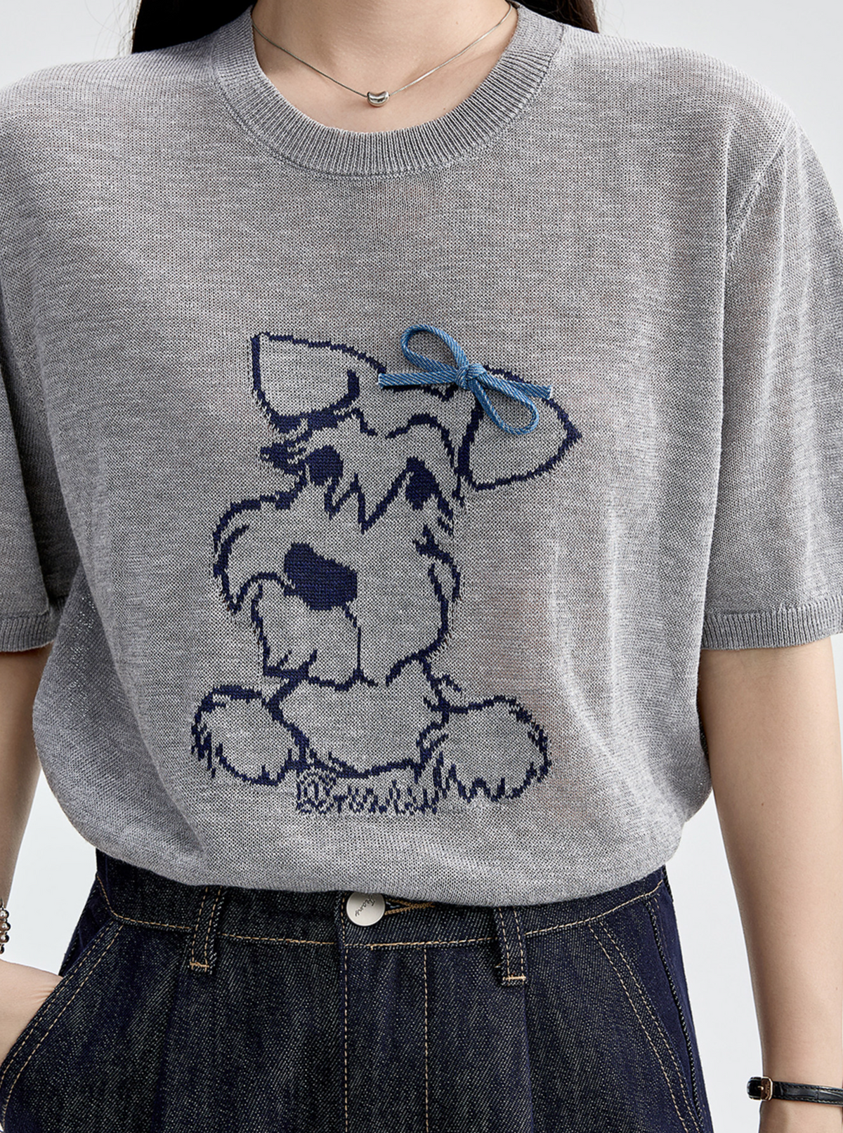 萌えおもしろ子犬刺繍！柔らか肌触りグレー半袖デザイン感ラウンドネックゆったりトップス