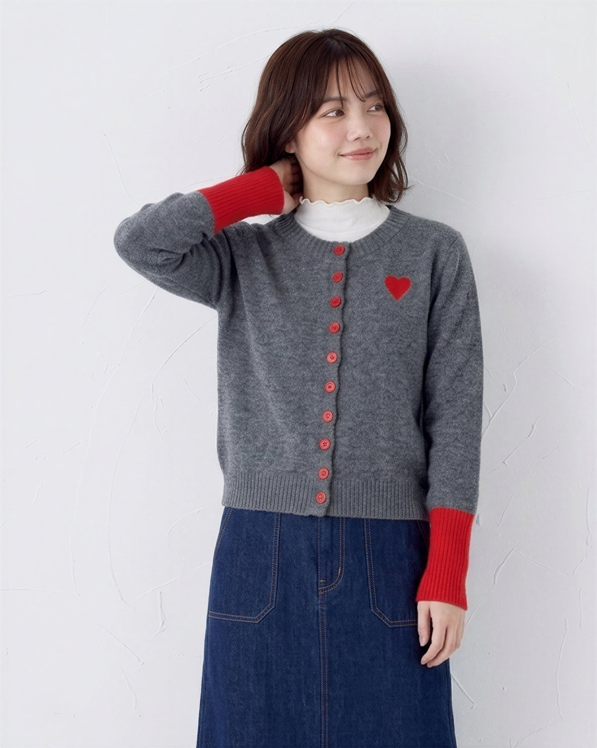 配色リブ ハート刺繍 ニットカーディガン