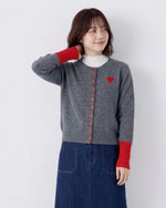 配色リブ ハート刺繍 ニットカーディガン