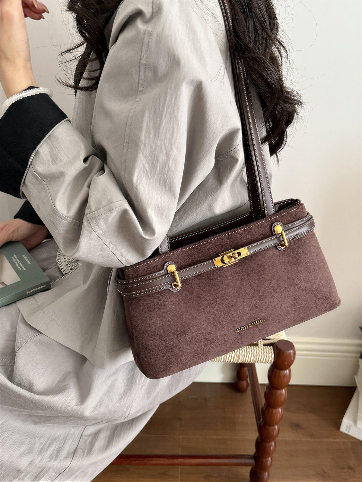 【全4色】レトロ金具 配色ステッチ ロングショルダーストラップ 脇下バッグ