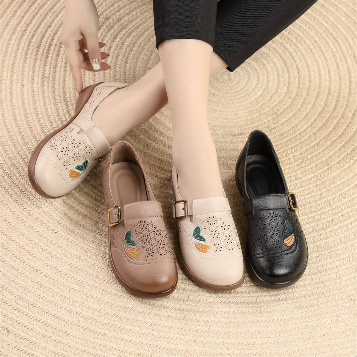 【全3色】カットワーク×バックル ローファー