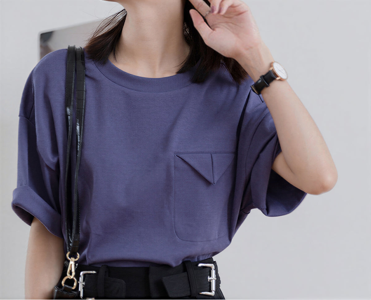 ゆったりドロップショルダー 折り返し袖口 ポケットTシャツ