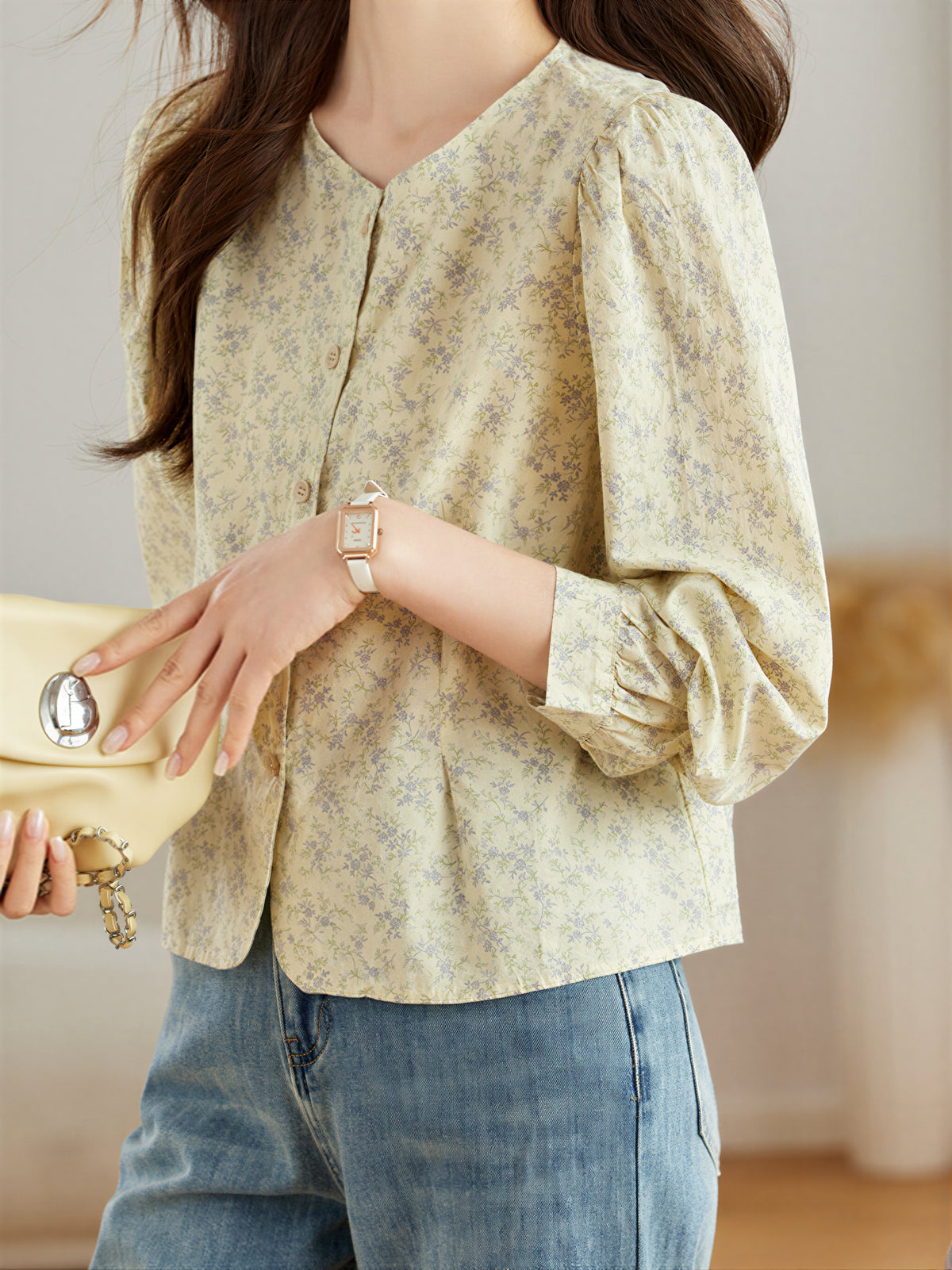 ライトベージュ 小花柄 クルーネック ギャザーブラウス-イエロー-2XL