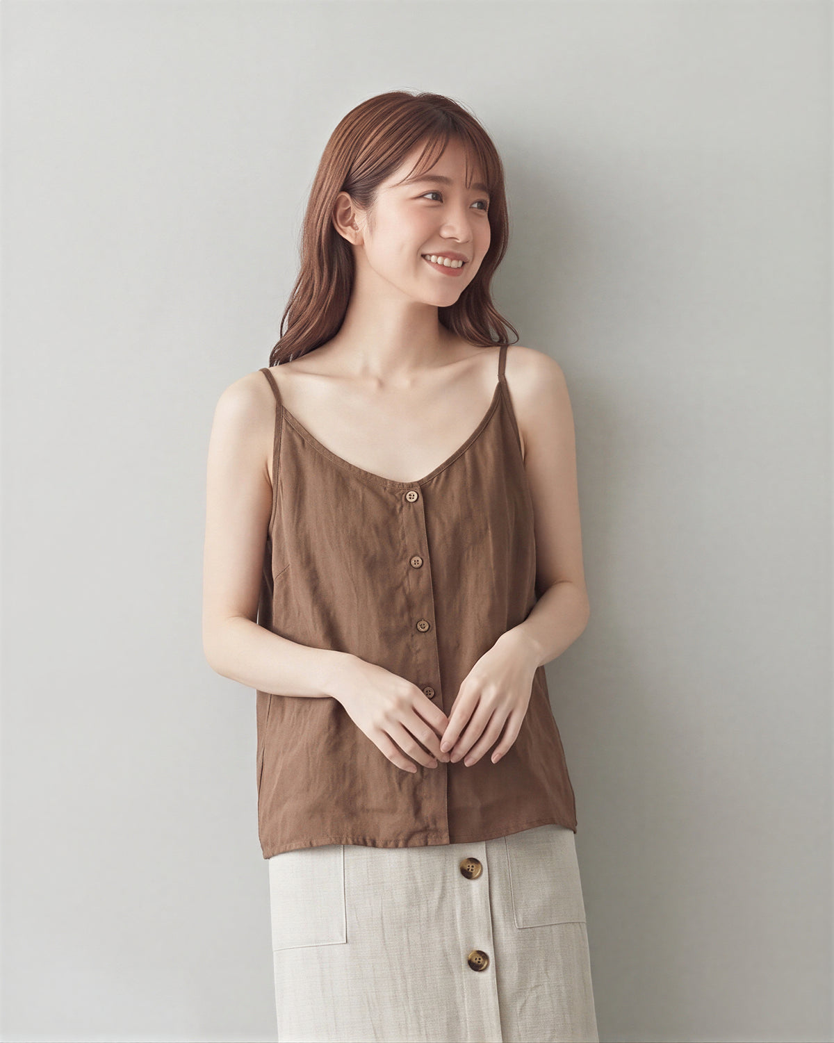 細ストラップ フロントボタン ゆったり キャミソールタンク
