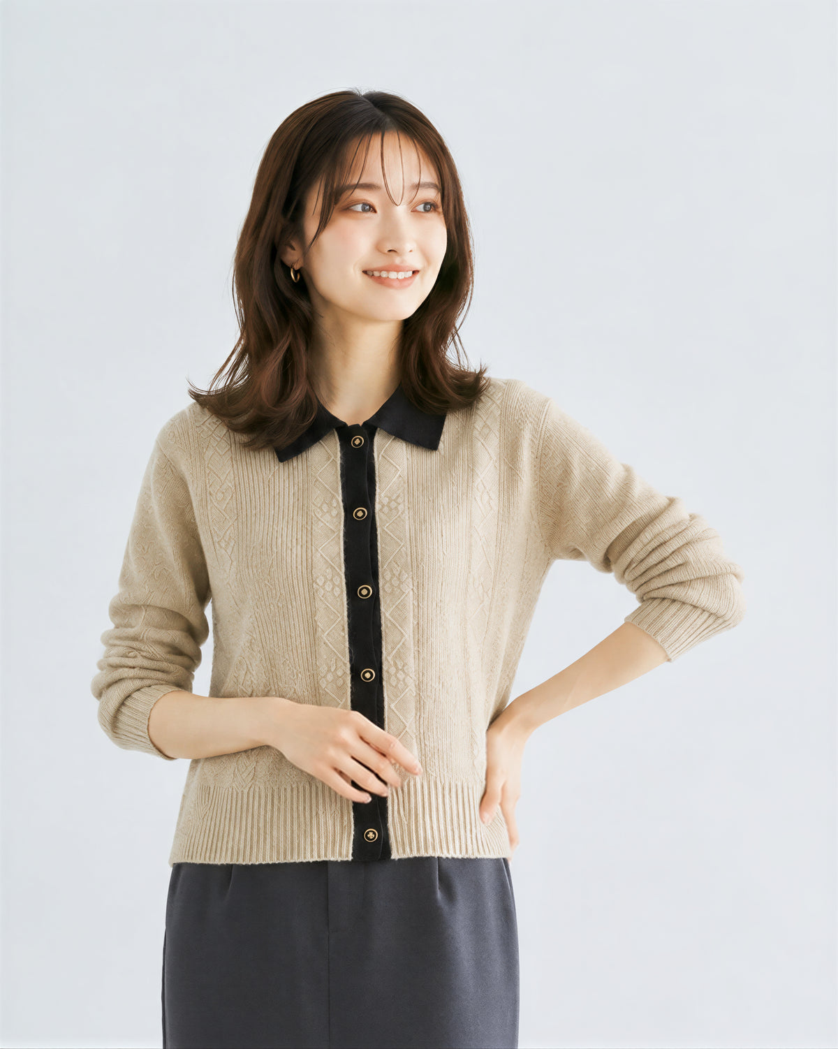 【秋新作】S~2XL 配色カラー ジャカード縦柄 ニットカーディガン