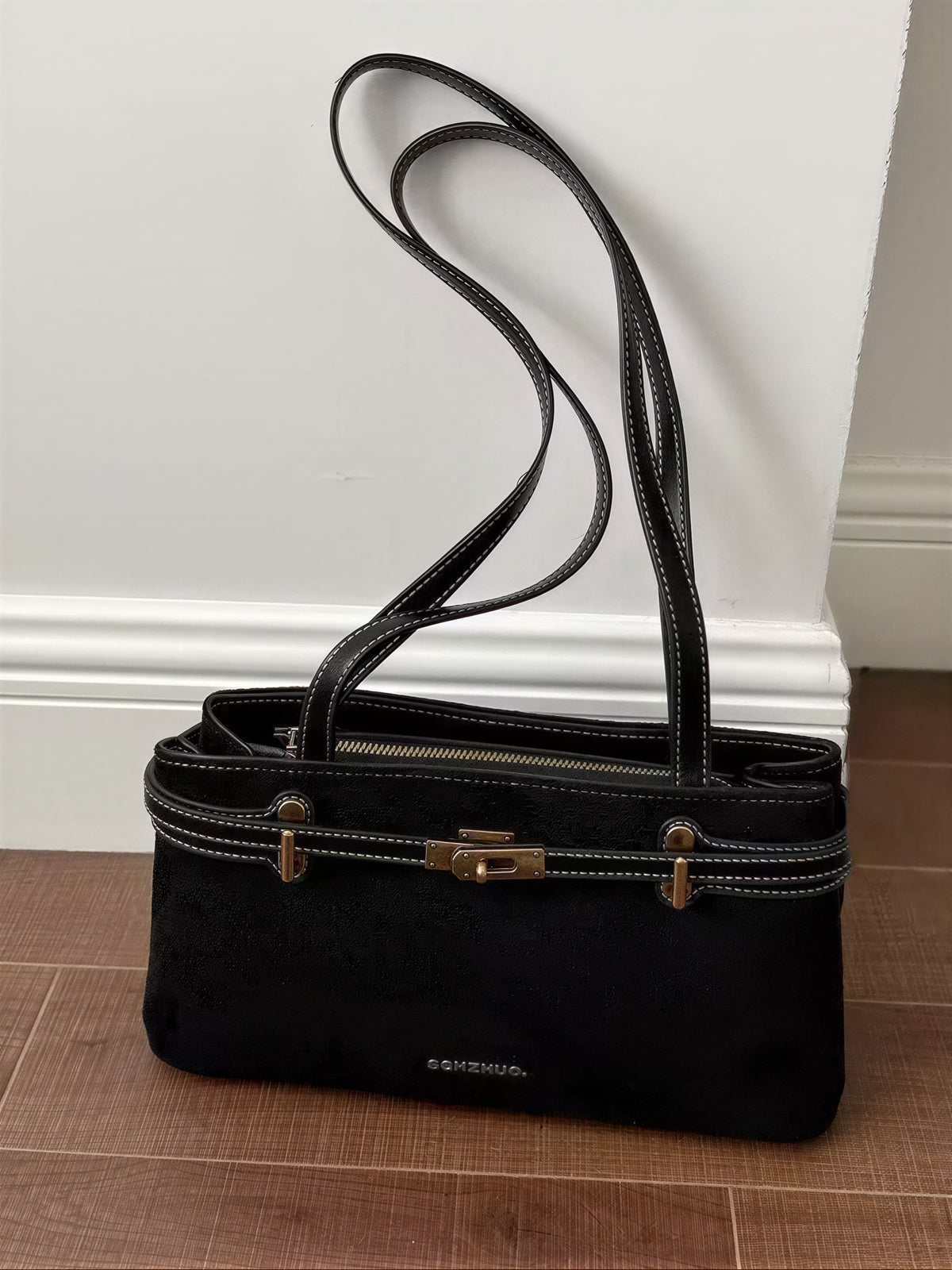 【全4色】レトロ金具 配色ステッチ ロングショルダーストラップ 脇下バッグ