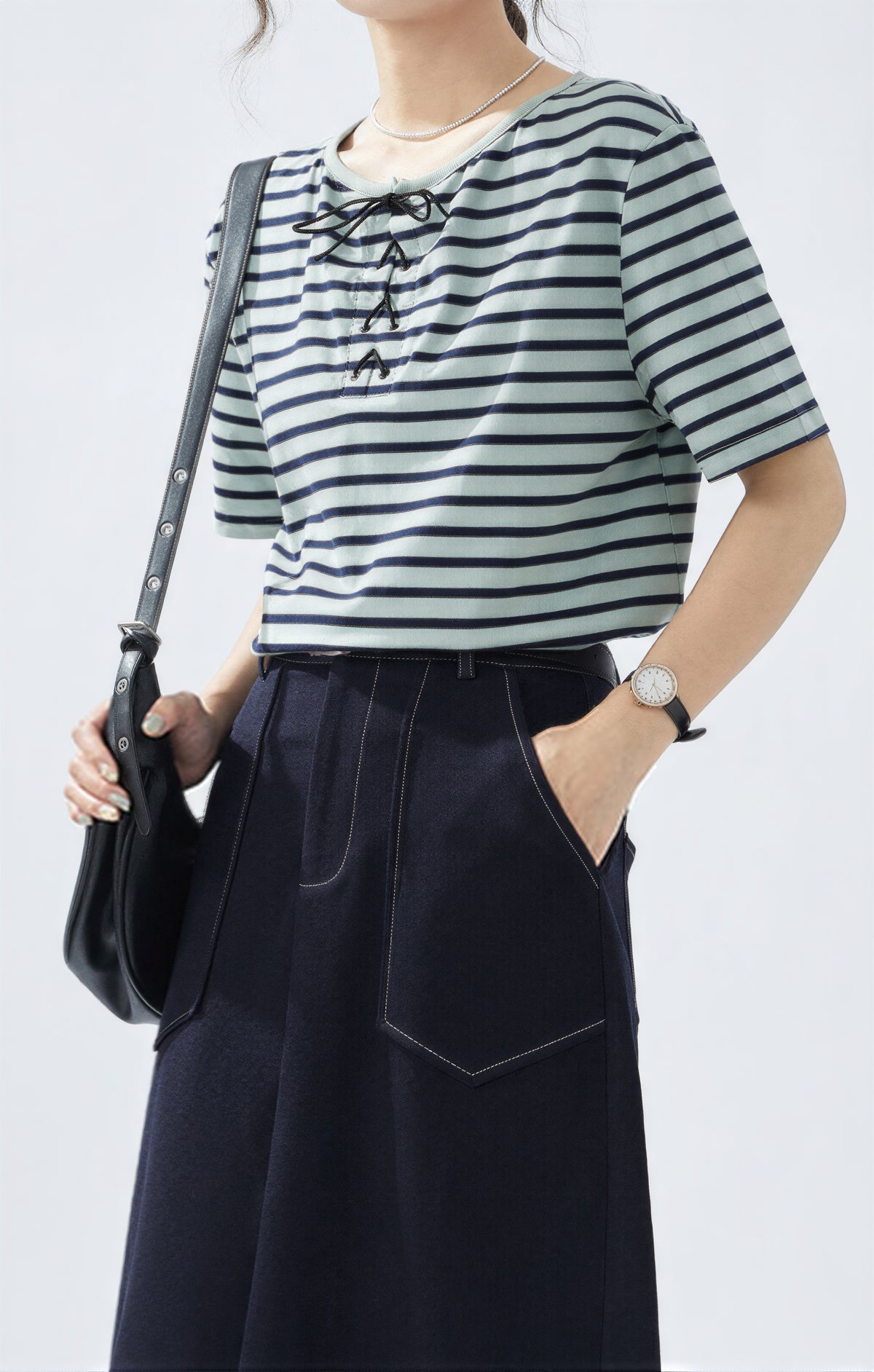 ボーダー リボン付き クルーネック 半袖Tシャツ