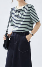 ボーダー リボン付き クルーネック 半袖Tシャツ