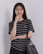 ブラック ボーダー クルーネック ゆったり 半袖Tシャツ-ブラック-XL