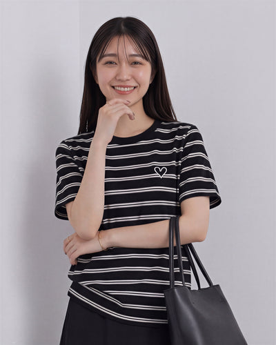 ブラック ボーダー クルーネック ゆったり 半袖Tシャツ-ブラック-XL