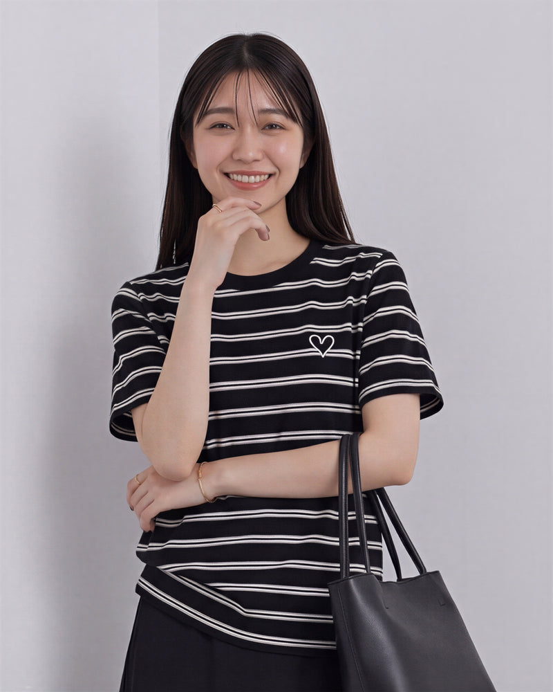 ブラック ボーダー クルーネック ゆったり 半袖Tシャツ-ブラック-XL