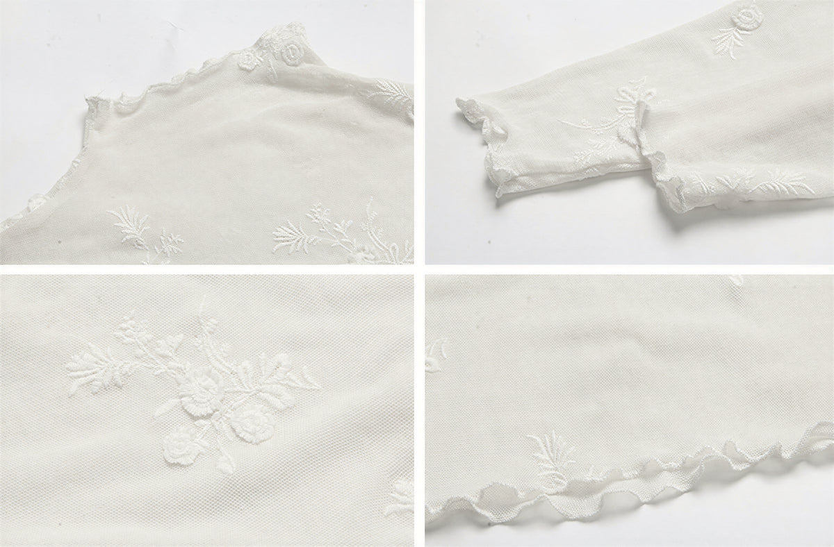 ホワイト 立体フラワー刺繍 シアーメッシュ フリルネック インナー