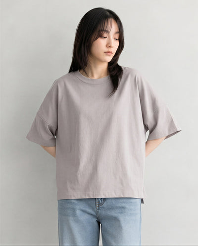 ゆったりドロップショルダー スリットTシャツ-グレー-FREE