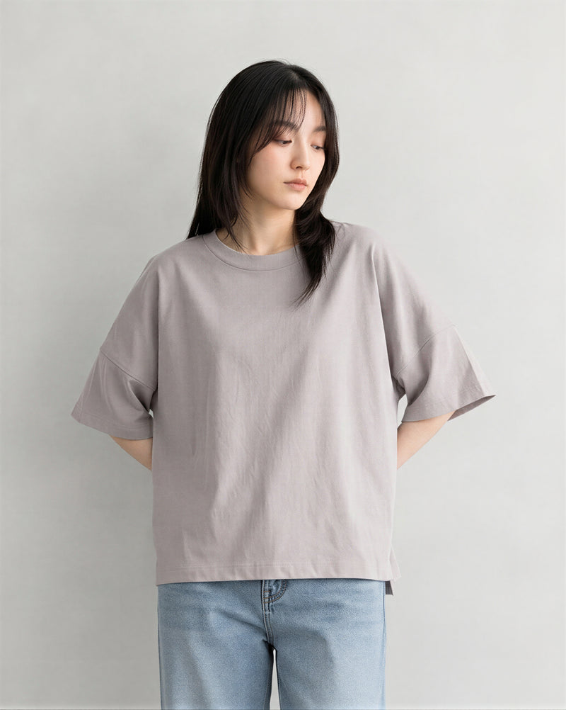 ゆったりドロップショルダー スリットTシャツ-グレー-FREE