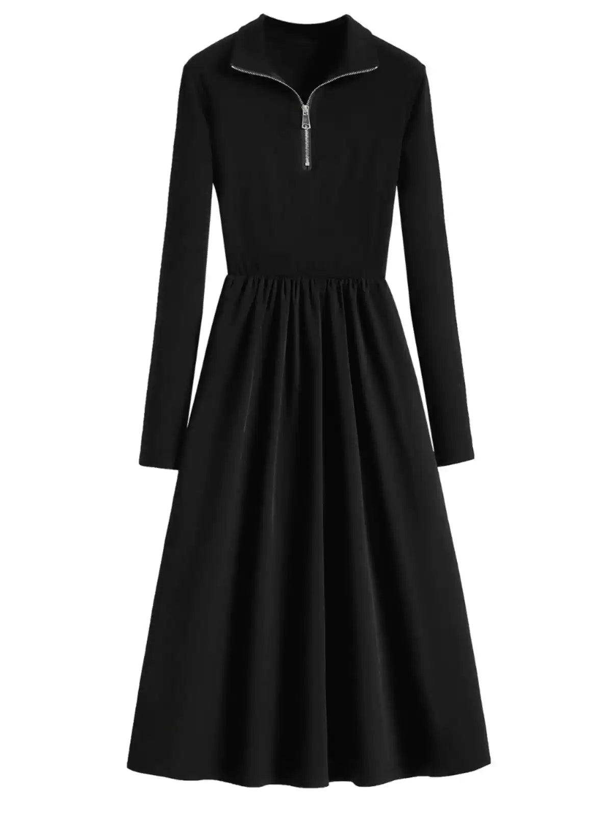 【秋新作】【全2色】S~XL ウエストシェイプ ハーフジップ ボリュームフレア ポロカラーワンピース