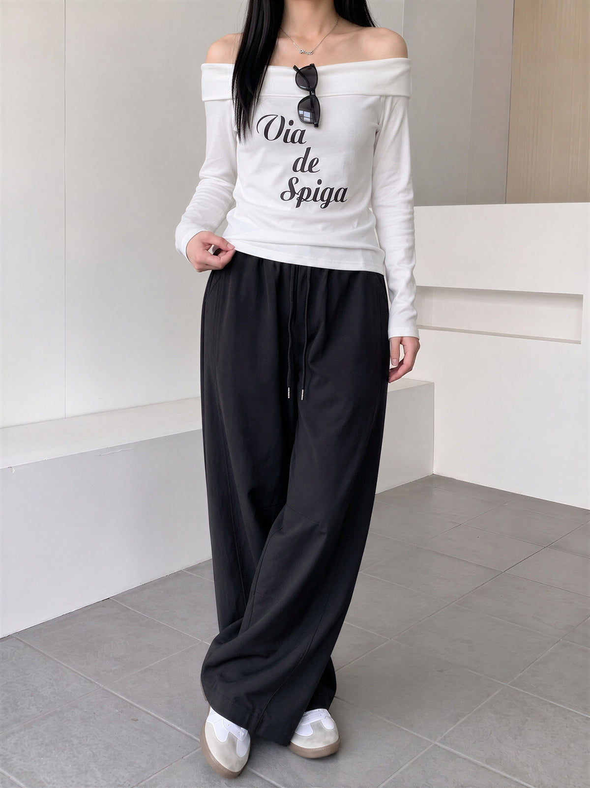 【全4色】M~XL ハイウエスト ドローストリング 裾だまりワイドパンツ