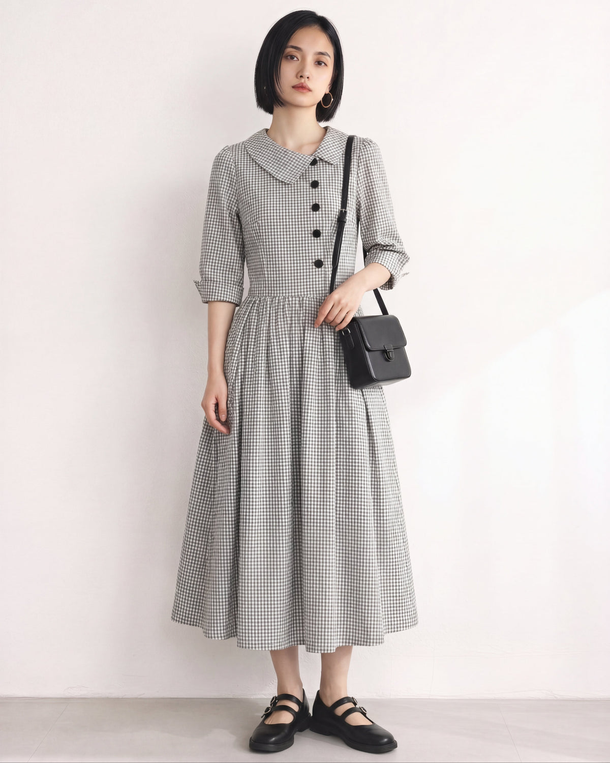 斜めラペル×ウエストシェイプ Aライン チェックワンピース-アッシュグレー-XL