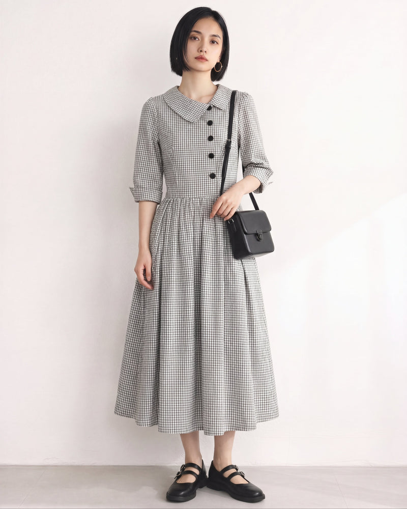 斜めラペル×ウエストシェイプ Aライン チェックワンピース-アッシュグレー-XL