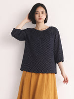 M-2XL ネイビードット ギャザー入り ゆったりブラウスXL