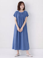 M~2XL プリーツ入りクルーネック ゆったりミディ丈ワンピース