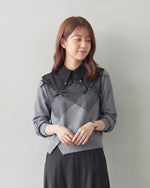【秋新作】S~XL ダイヤ柄切り替え リボン付き 襟付き フェイクレイヤード スウェット