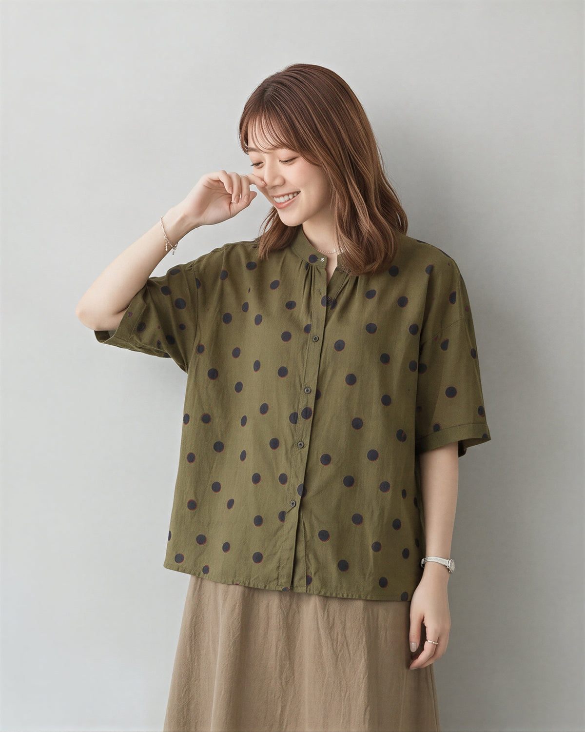 M-2XL ドット柄ルーズスタンドカラーシャツ