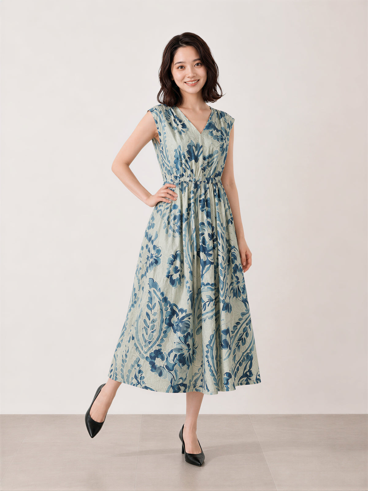 M~2XL ブループリント Vネック ウエストマークワンピース