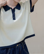 配色POLO襟ショート丈ニットトップス
