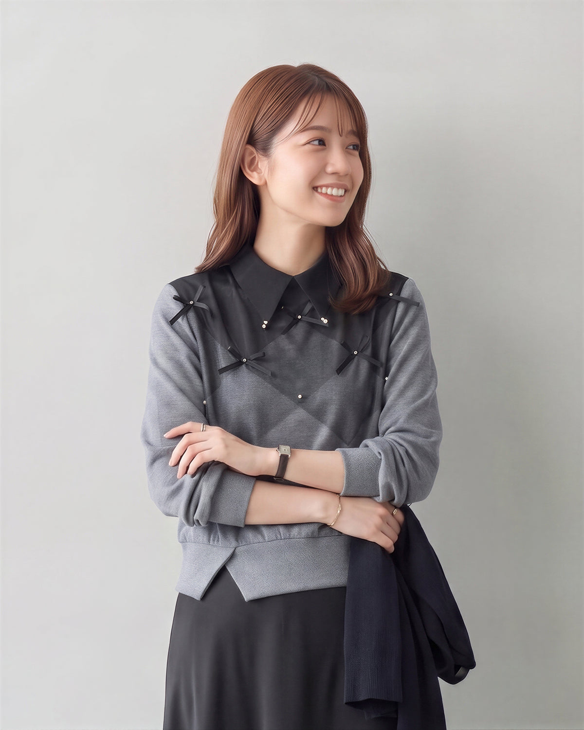 【秋新作】S~XL ダイヤ柄切り替え リボン付き 襟付き フェイクレイヤード スウェット
