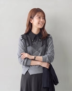 【秋新作】S~XL ダイヤ柄切り替え リボン付き 襟付き フェイクレイヤード スウェット
