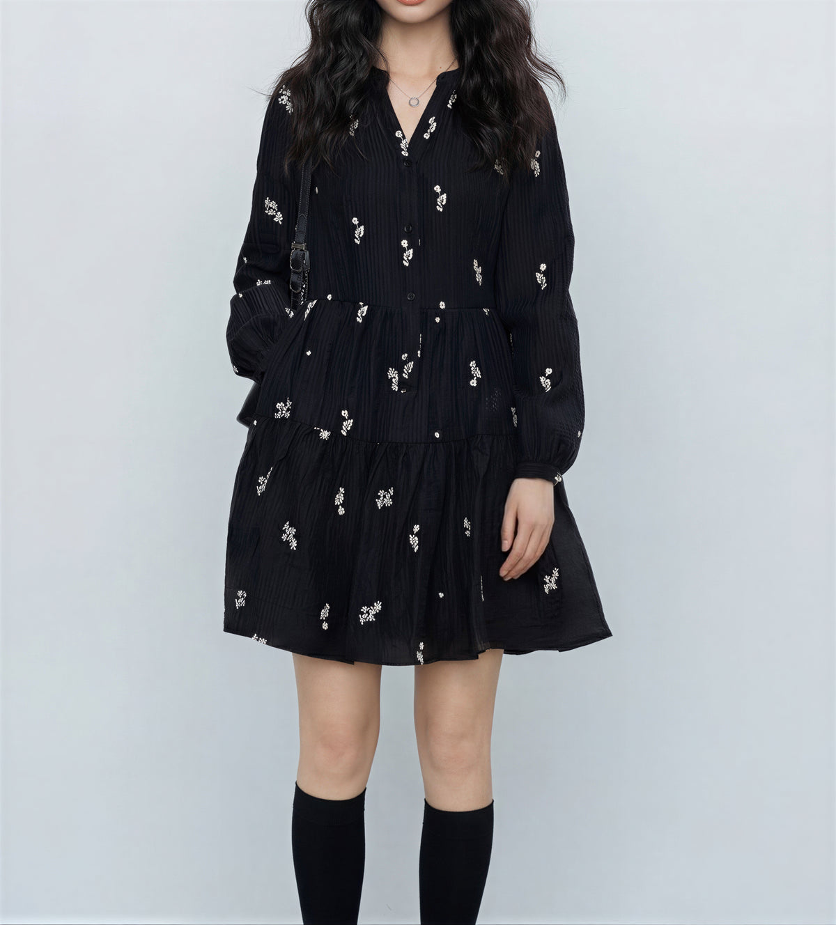 小花柄Vネック ティアードフレア 長袖ワンピース-ブラック-2XL