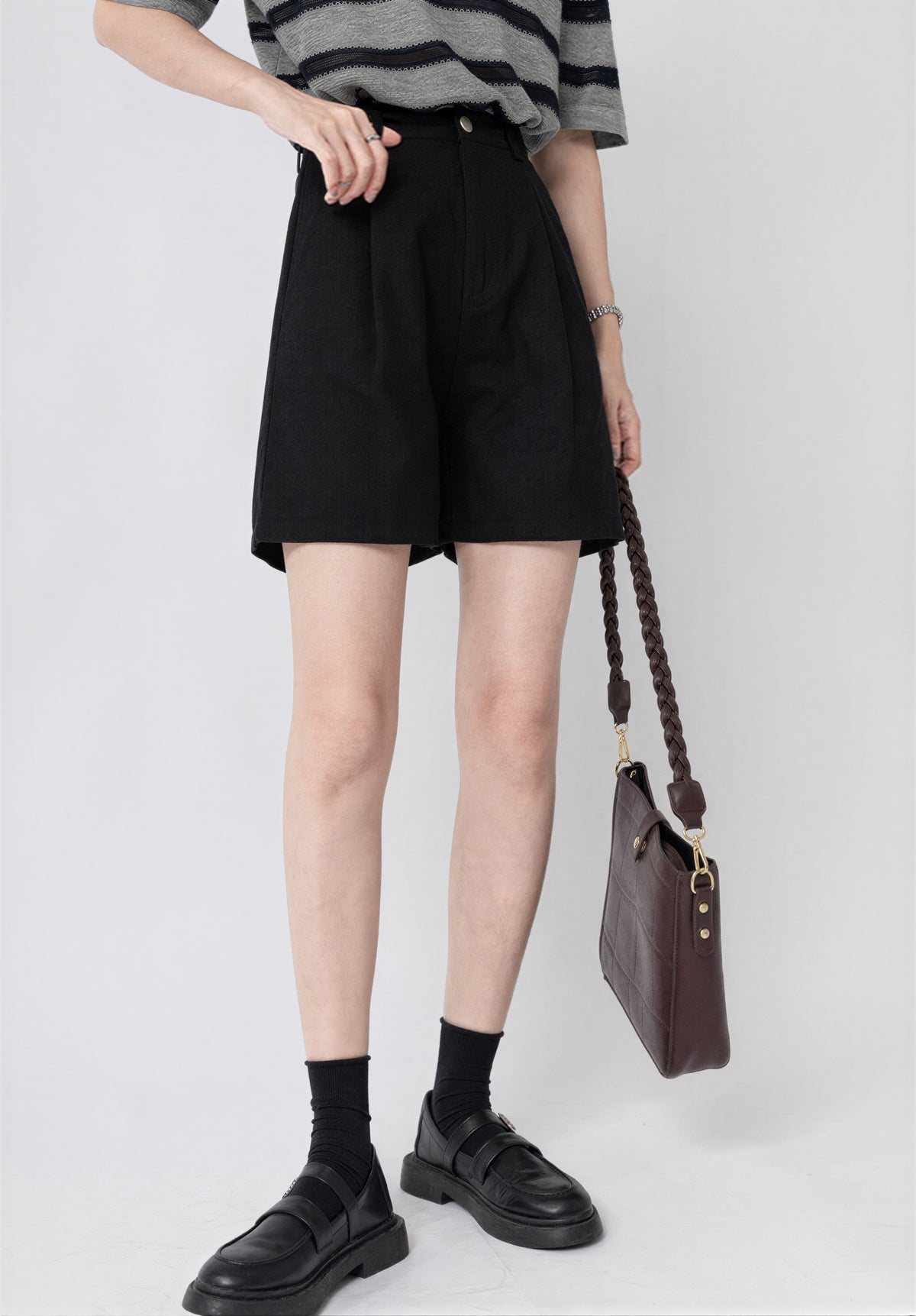 ハイウエスト ストレート ゆったりハーフパンツ