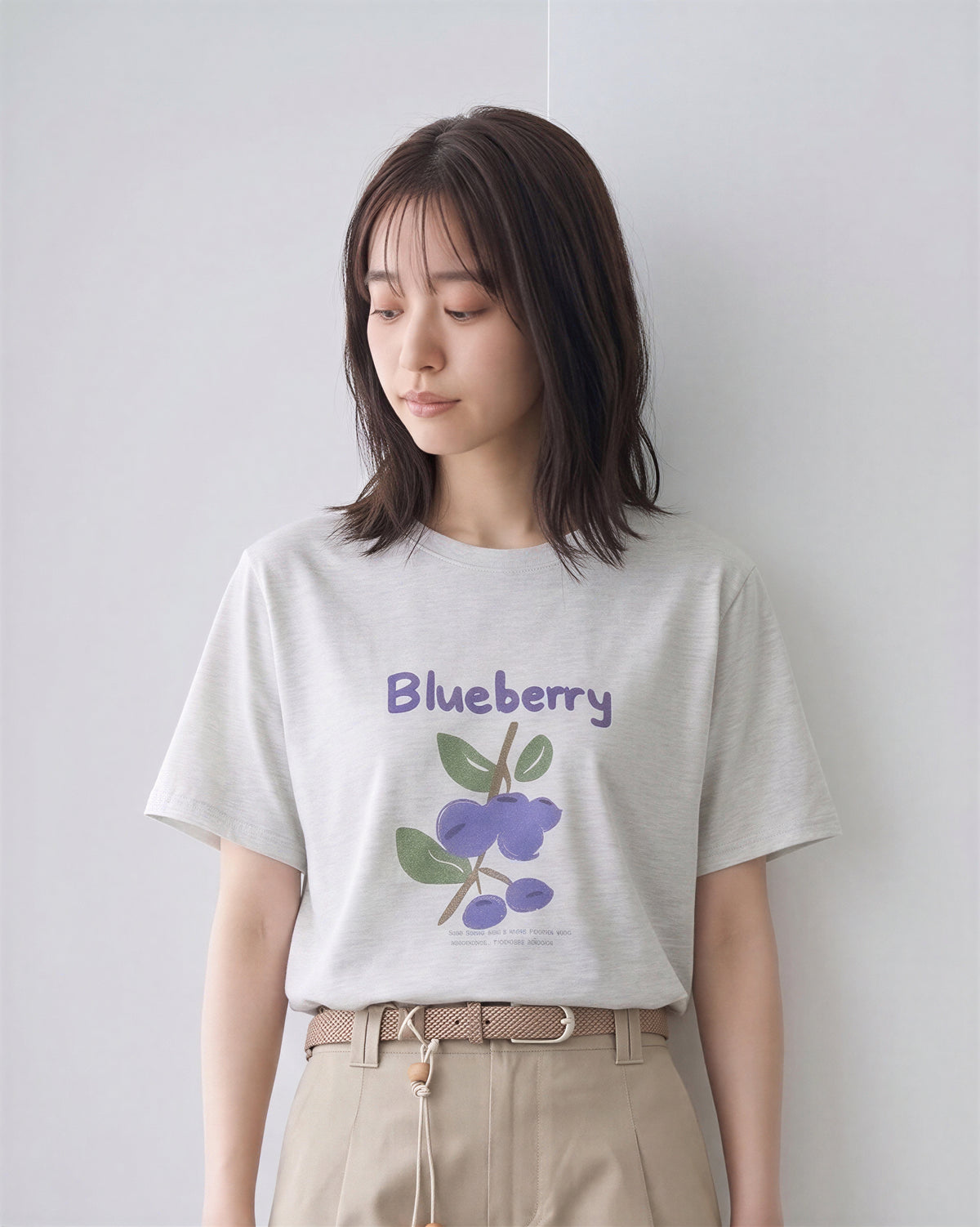 グレー フルーツプリント ルーズTシャツ