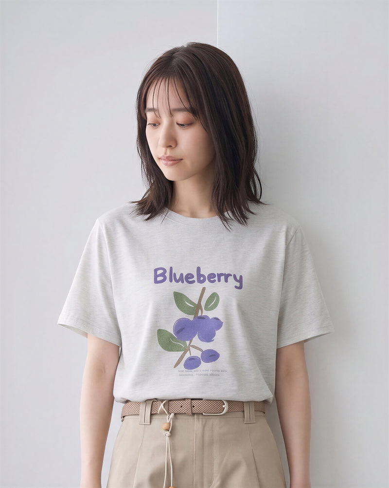 グレー フルーツプリント ルーズTシャツ
