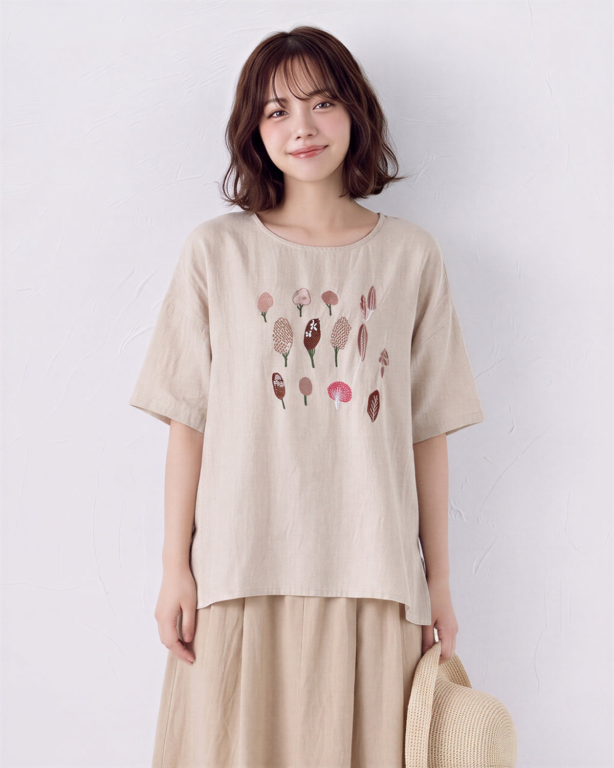 刺繍デザイン ゆったり クルーネックTシャツ-杢グレー-2XL