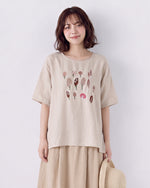刺繍デザイン ゆったり クルーネックTシャツ-杢グレー-2XL