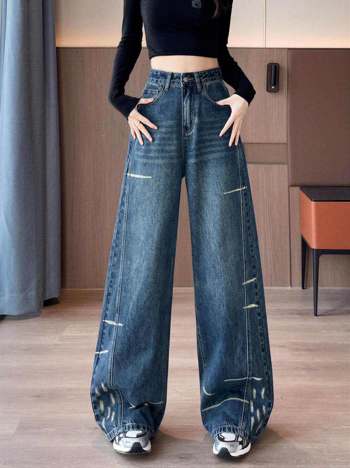 ハイウエスト ワイドレッグ フロアレングス デニムパンツ