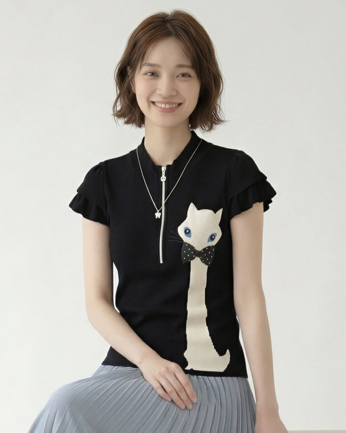 ハーフジップ スタンドカラー フリル袖 猫モチーフ 半袖Tシャツ