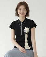 ハーフジップ スタンドカラー フリル袖 猫モチーフ 半袖Tシャツ