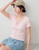 スクエアネック レーストリム リボン付き くびれ見え 半袖Tシャツ